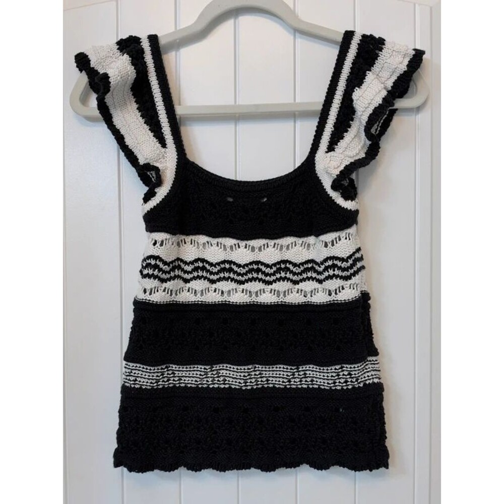 LOFT XS Striped Pointelle Sweater Tank Cotton Ruffle Black and Cream Top